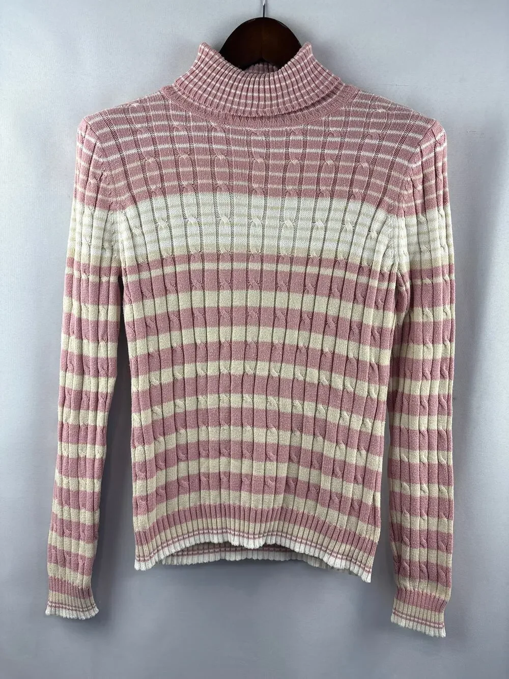 Women’s Liz&Co Medium Pink & Beige Stripe Turtleneck Sweater